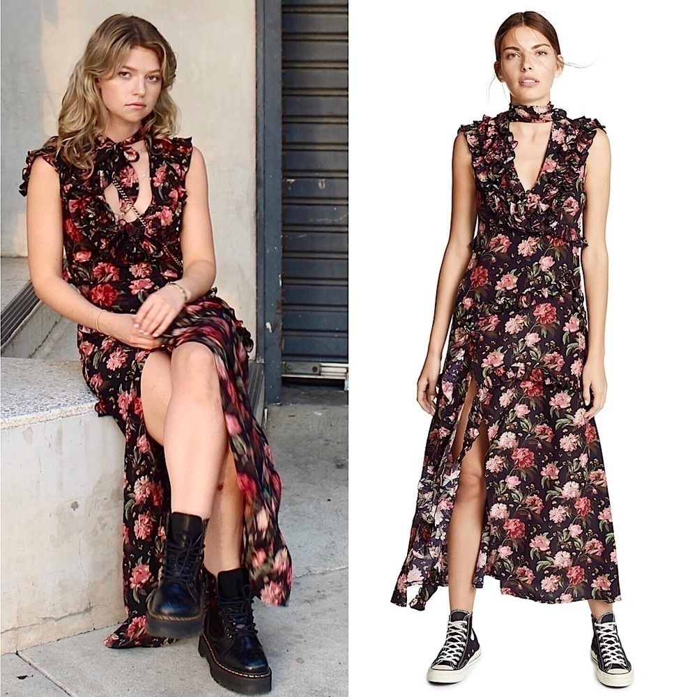 R13 X LIBERTY Silk Floral Ruffle Sleeveless Tie V-Neck High Slit Maxi Dress S